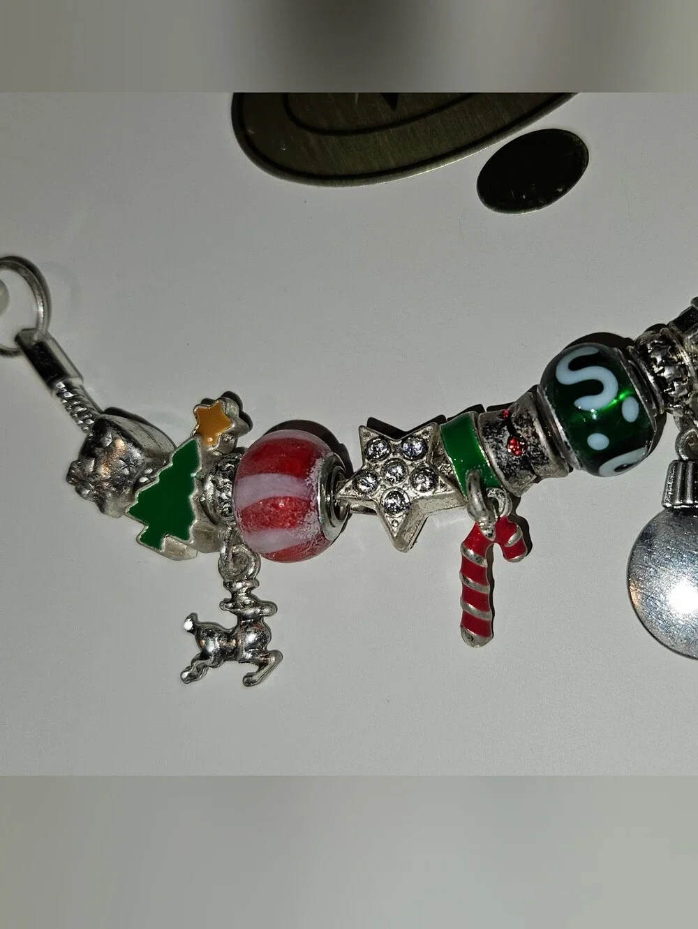 December Christmas Holiday Silver Tone Charm Bracelet with Red & Green